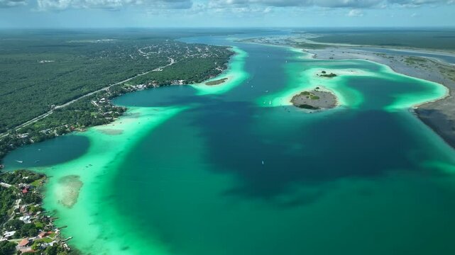 Panoramic view of Bacalar lagoon of seven colors, Quintana Roo, Drone shot