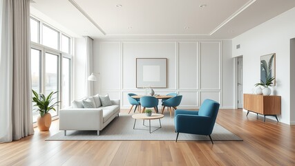 Fototapeta premium Minimalist Living Room, White Sofa, Blue Armchair, Modern Dining Area, Light Grey Walls, Wooden Floor, AI Photo