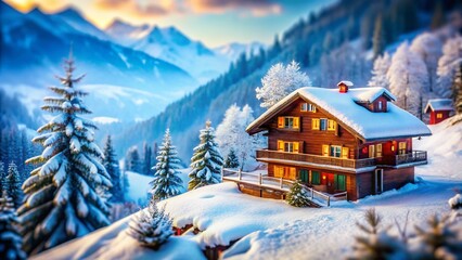 Fototapeta premium Charming Swiss Chalet Winter Wonderland: Tilt-Shift Snowy Alps Photography