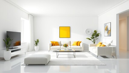 Fototapeta premium Minimalist White Living Room with Yellow Accent - AI Photo