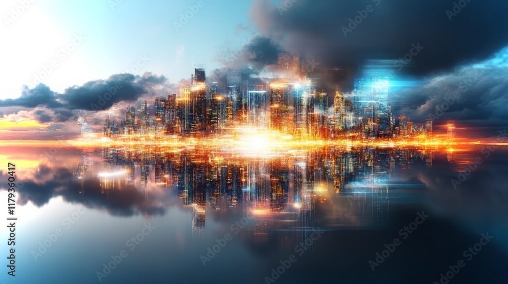 Poster visual representation of a decentralized crypto exchange in a futuristic cityscape at twilight