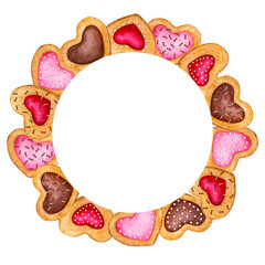 Round heart shaped cookie frame. Watercolor hand drawn frame for card, invitation, poster, banner, menu. Valentine's day, birthday, children's party. Isolated on transparent background.