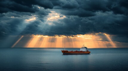 Cargo ship sailing on dramatic ocean with sun rays.