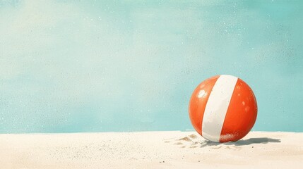 Obraz premium Bright Orange Beach Ball on Sandy Shore with Blue Sky Background Relaxing Summer Vibe
