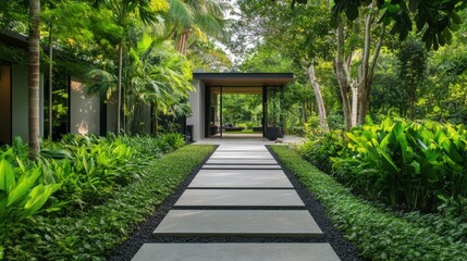 A modern home entrance surrounded by lush landscaping, with sleek design and a pathway leading the way, creating a stylish and welcoming environment.