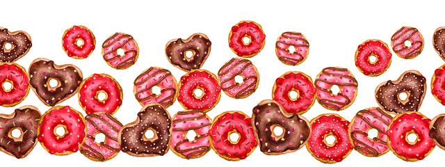 Seamless horizontal border of donuts with icing and sprinkles. Watercolor hand drawn frame for card, invitation, poster, banner, menu. Valentine's day, birthday, children's party.
