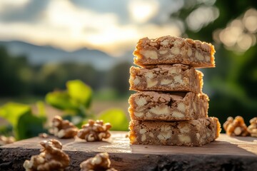 Delicious Walnut Bars Stacked on Wooden Table with Natural Outdoor Background and Soft Sunlight Illuminating the Scene