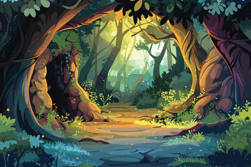 Fairy tale Forest cave Flat style cartoon vector illustration isolated on a white background