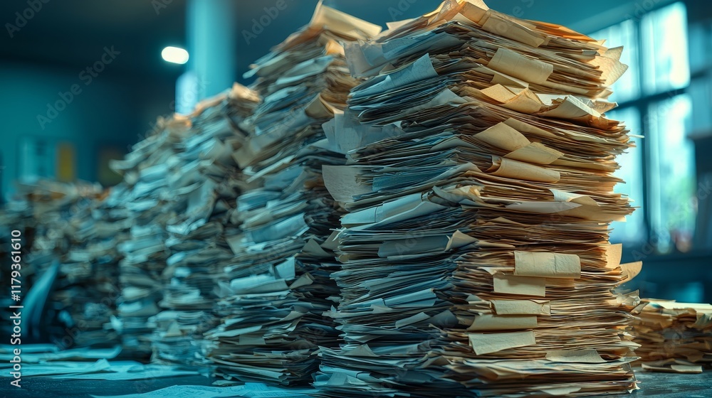 Aufkleber stacks of paper files are organized in a storage space, forming a narrow path for easy access and re