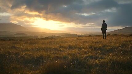 A man stands in a field of tall grass, looking out over the horizon. lonely. alone