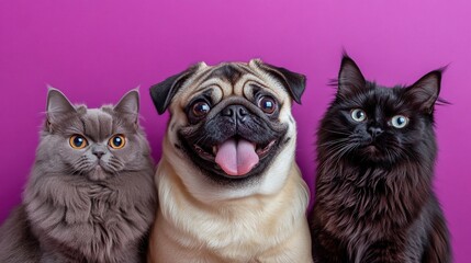 Two cats and a dog sit together in front of a solid purple background.