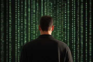Man standing before a digital matrix of green binary code in a futuristic environment