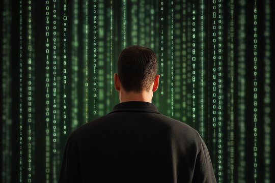 Man standing before a digital matrix of green binary code in a futuristic environment