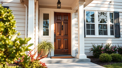 Residential Front Entrance with Wooden Door and Landscaping