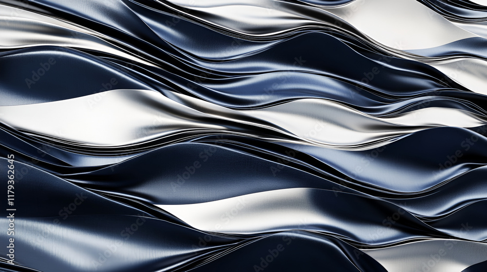 Poster smooth, layered wave pattern with metallic navy and silver tones, brushed texture, dynamic reflectio
