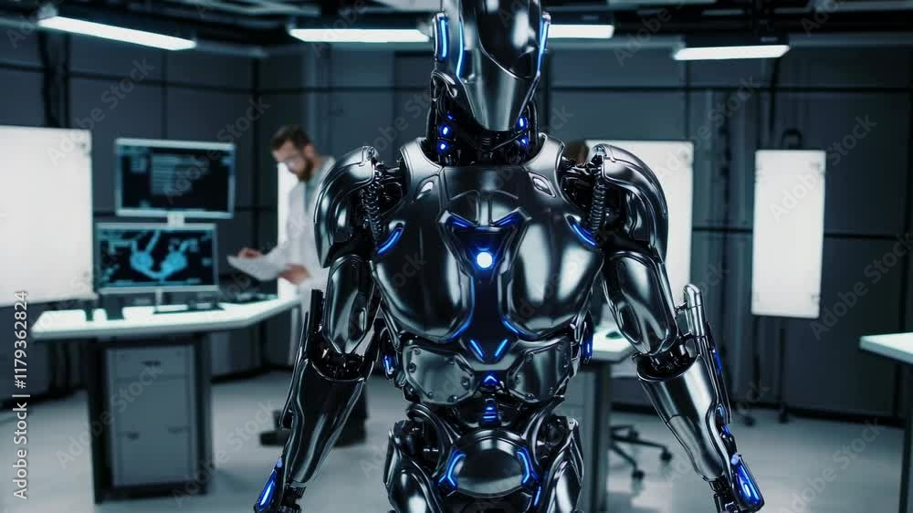 Poster advanced robotics research in cutting-edge lab with scientists testing new technology