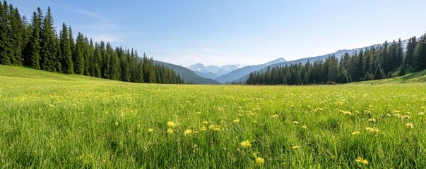 Fototapeta premium Serene Summer Meadow with Mountains in Background