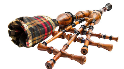 Traditional wooden bagpipes resting on a white surface, showcasing intricate craftsmanship and a...