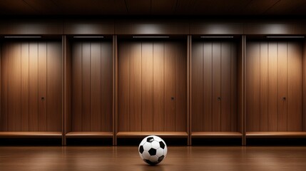Soccer Ball Resting on Floor in Empty Locker Room with Wooden Interiors and Soft Lighting