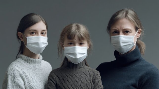 Three women wearing protective face masks posing together in a neutral background during a health awareness event. Generative AI