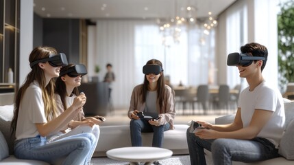 Group of friends enjoying virtual reality gaming in a modern living room setting. Generative AI