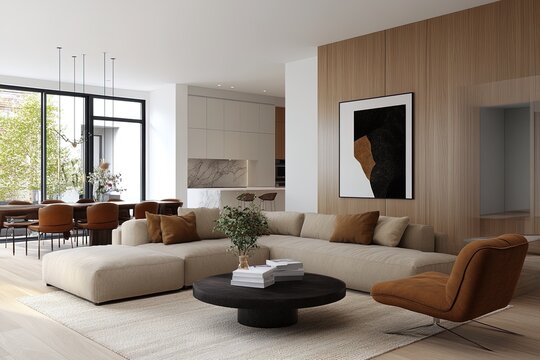 Spacious modern living room featuring neutral tones and elegant furniture in a contemporary home design