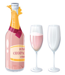Rosé Champagne Bottle with Filled and Empty Glasses. Valentine Sparkling Wine Illustration