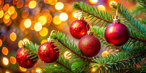 Obraz premium Christmas Tree Branch with Red Ornaments, Festive Holiday Decoration Close-up