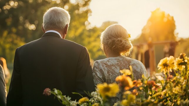 Senior couple walking together. Celebration of Life Day. Remembrance and love of cherished memories
