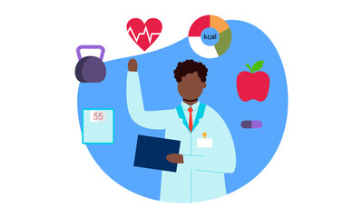 Nutritionist woman with weight loss program and diet plan. Healthy food, vitamins, sport icons