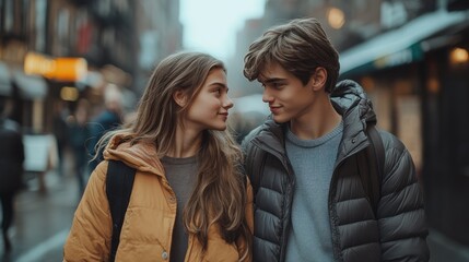 Fototapeta premium Young couple enjoys a stroll through a city street on a chilly day, sharing smiles and laughter. Generative AI