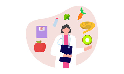 Nutritionist woman with weight loss program and diet plan. Healthy food, vitamins, sport icons