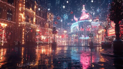 Obraz premium Magical Christmas Night in the City: A Rainy Night's Delight
