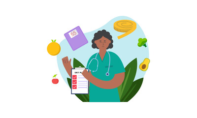 Nutritionist woman with weight loss program and diet plan. Healthy food, vitamins, sport icons