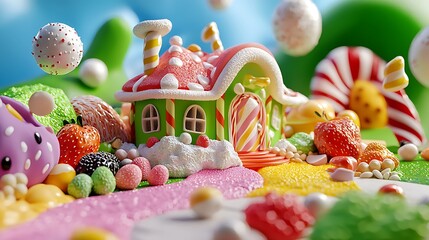 Whimsical candy house in a sugary landscape with colorful sweets and treats.