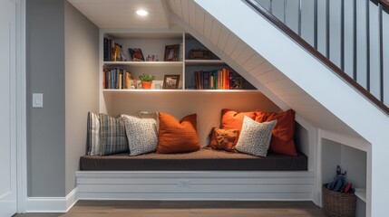 creative under-stairs storage solution, featuring shelves, a small closet, and a reading nook.