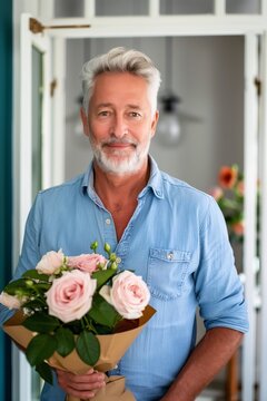 Vertical Photo of a Handsome Mature Man Holding a Bunch of Roses, Romantic Valentine&rsquo;s Day Gesture, Love and Affection, Elegant Outfit, Charming Smile.