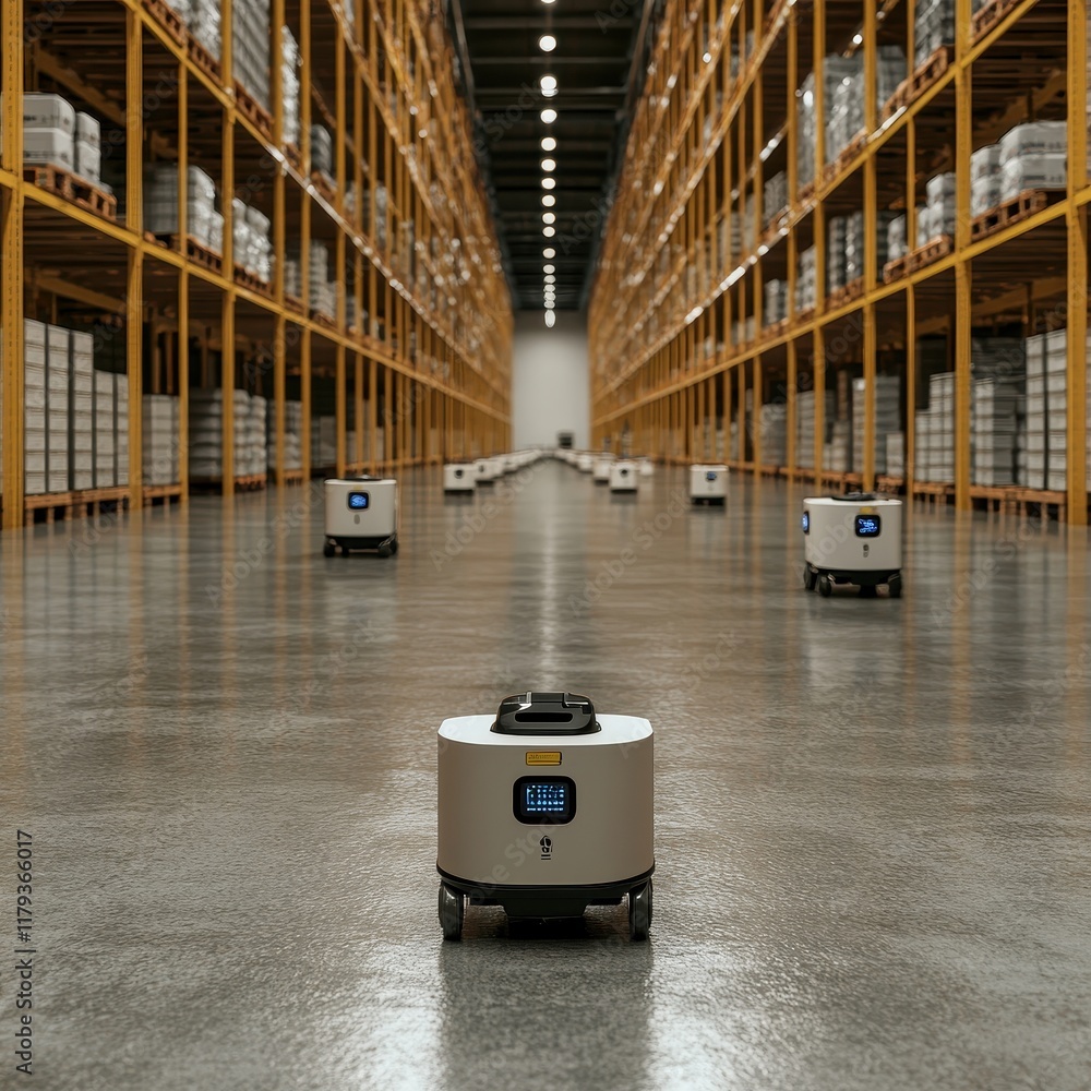 Poster automated robots in a large modern warehouse space