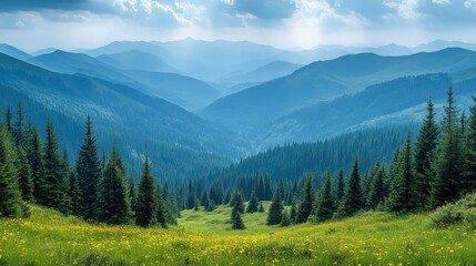 A serene mountain valley with lush greenery and distant peaks under a cloudy sky.