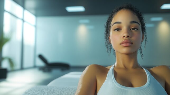 Focused young woman relaxing in a modern, well-lit space during the afternoon. Generative AI