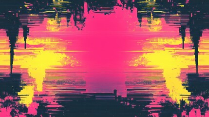 Abstract glitch art with vibrant pink, yellow, and black color palettes creating a symmetrical, distorted landscape.