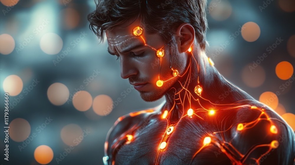 Poster futuristic human with glowing circuit patterns contemplating in a surreal, illuminated environment. 