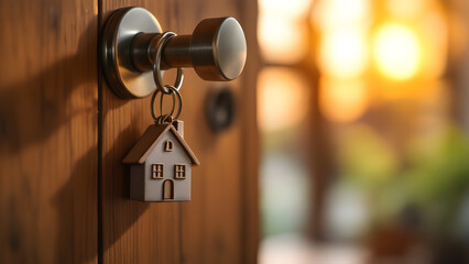 High-quality macro image of a shiny metal key inserted into a wooden door lock, with a house-shaped keychain hanging, highlighting real estate, security, and homeownership themes.