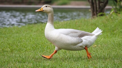 A duck strolling peacefully along the edge of a serene pond surrounded by lush greenery under soft sunlight, capturing a tranquil natural scene.