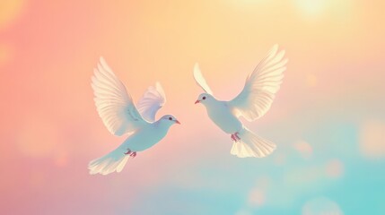 Obraz premium creative visualization of lovebirds flying together in a dreamy, pastel-colored sky