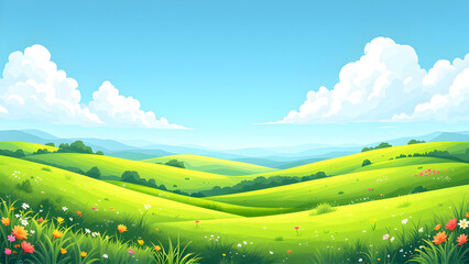 Obraz premium Beautiful flat vector illustration of a sunny countryside with rolling green hills, vibrant wildflowers, and a bright blue sky, evoking peace and natural simplicity