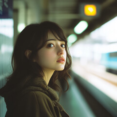 駅のホームで電車を待つ女性