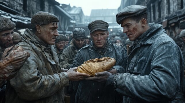 Struggles of survival in a cold, crowded setting as men share a loaf of bread during a difficult winter. Generative AI