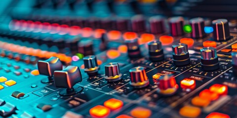 Obraz premium Vibrant Audio Mixer Console: A Close-Up of Colorful Knobs and Faders