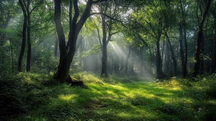 Fototapeta premium Sunbeams Dancing Through an Enchanting Forest